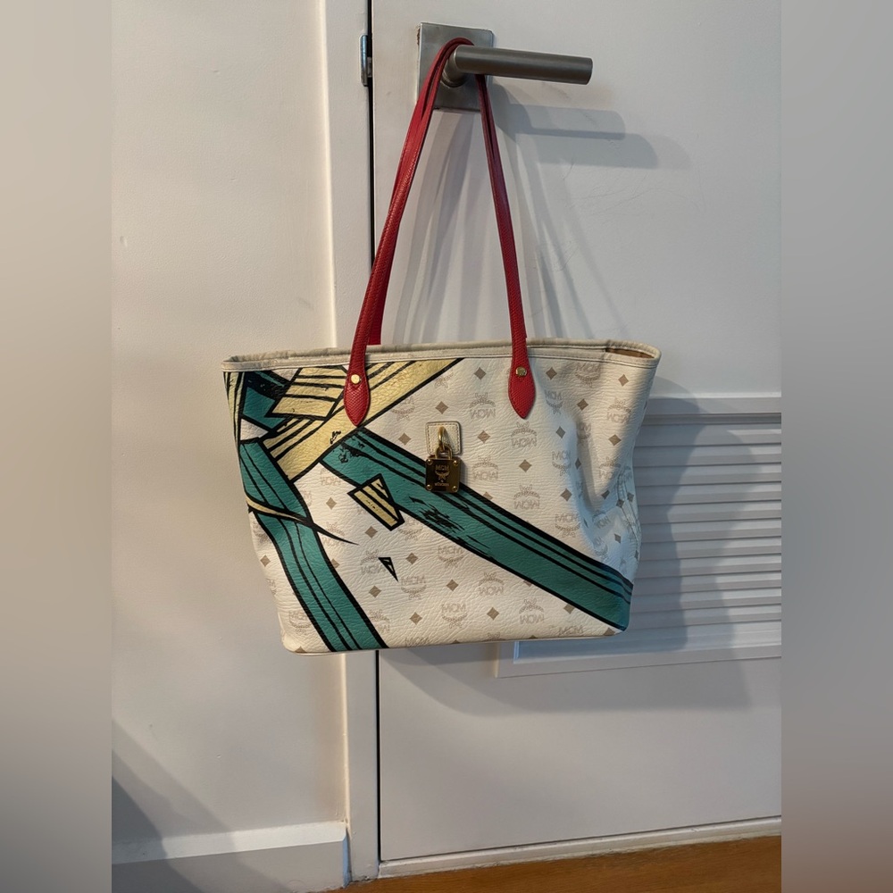 MCM Visetos Geometric Design White Shopper Tote w/ Red Handles - Limited Edition